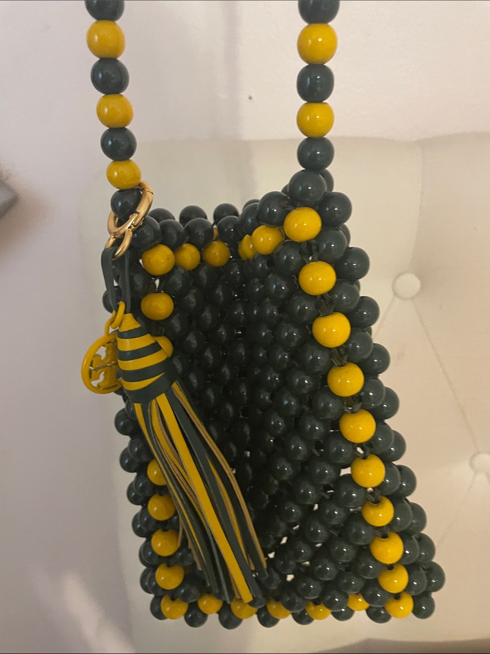 Tory Burch beaded Mini Crossbody Bag in Dark Green and Yellow with Tassel Charm